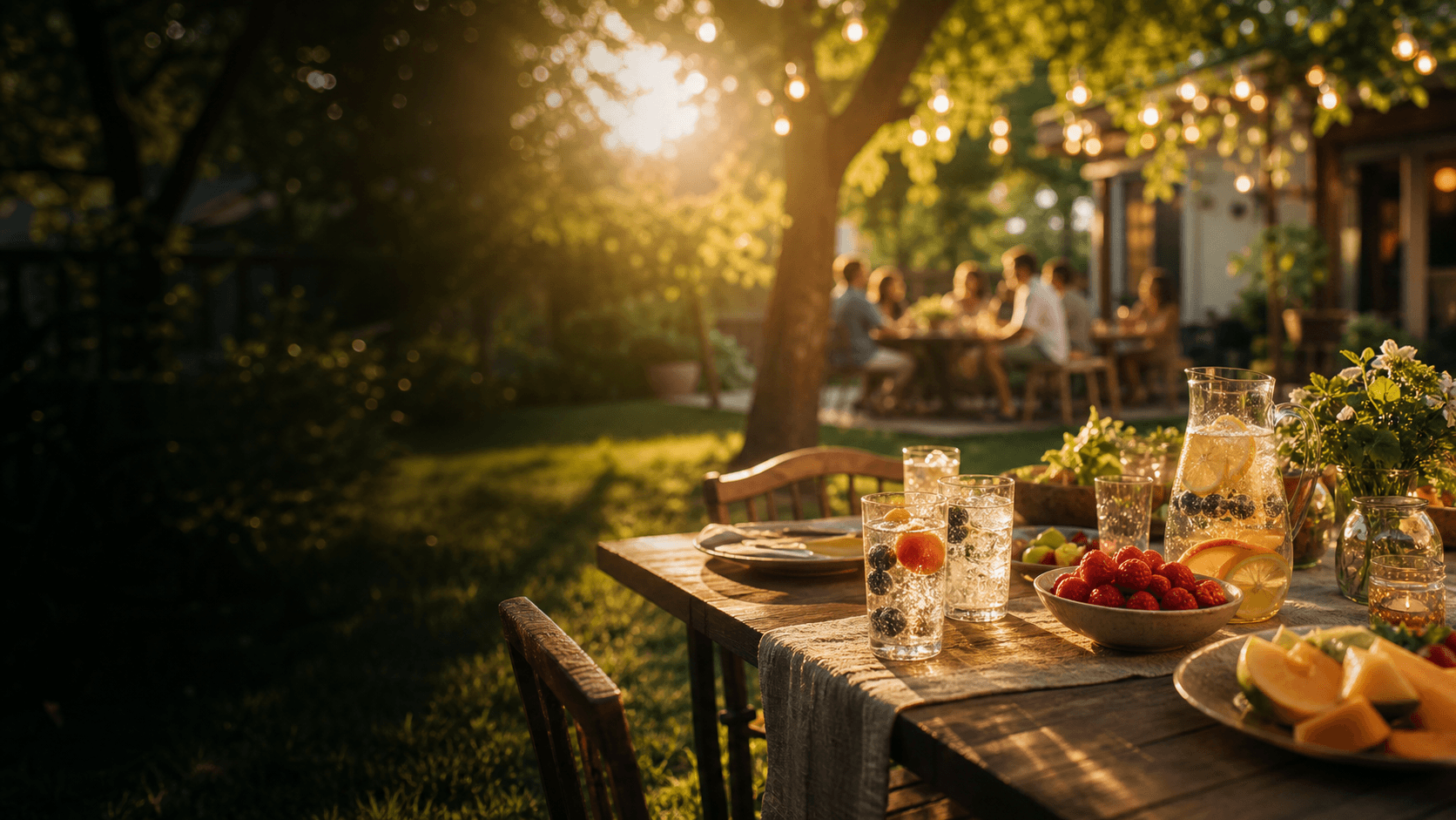 A warm summer gathering with friends and family in a backyard